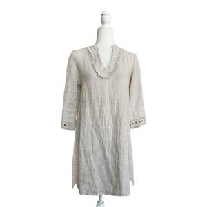 Via Signoria Light Beige Linen Shift 3/4 Sleeve Embroidered Women Size S Coastal